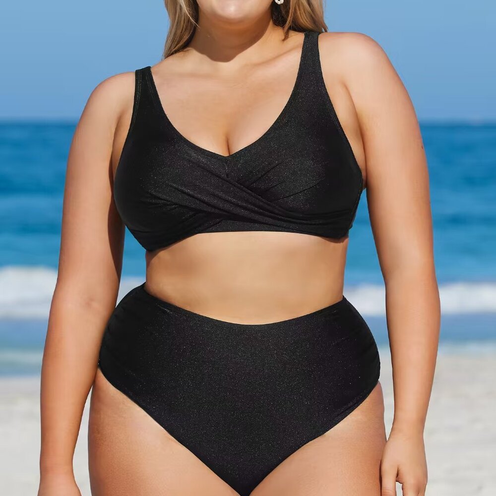 Cupshe Braelynn Black Wrap Bikini Set | Size 3X | NWT | Shirred High Waist